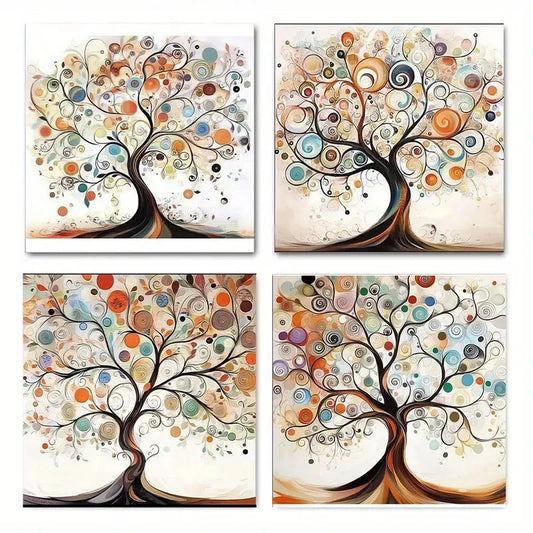 4pcs Vibrant Love Tree With Colorful Orbs & Swir  Wall Art Canvas Framed
