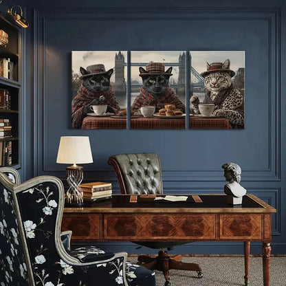 3pcs Fashionable Cats with London Bridge Metal Print Ready to Hang Art