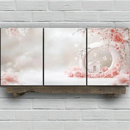 3pcs A House in The Snow Pink Roses Metal Print Ready to Hang Art