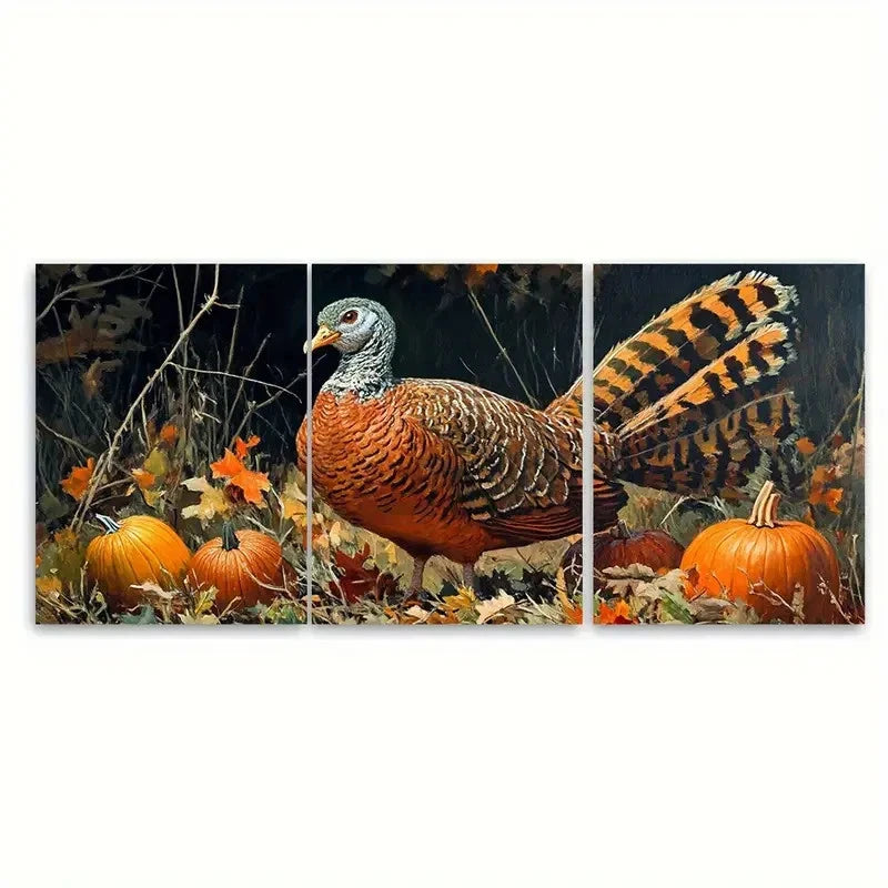 3pcs Thankful Design with Foliage & Pumpkins Wall Art Set Canvas Framed 60x90cm - High Quality Print 100% Australian Made Wall Canvas Ready to Hang