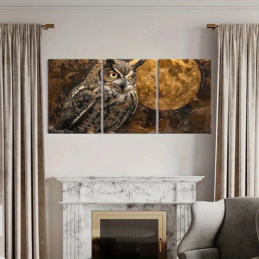 3pcs Abstract Golden Texture Vintage Owl Moon Metal Print Ready to Hang Art