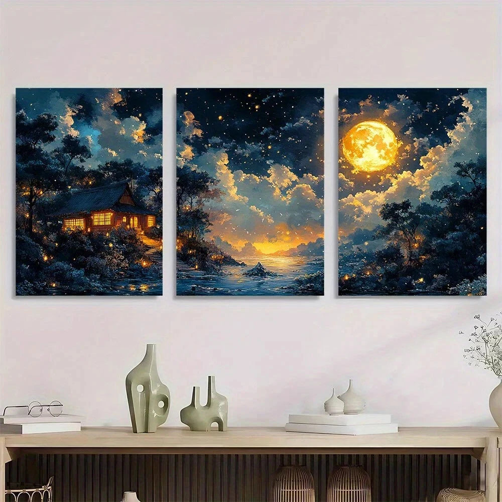 3pcs Whimsical Anime Night Scene Metal Print Ready to Hang Art