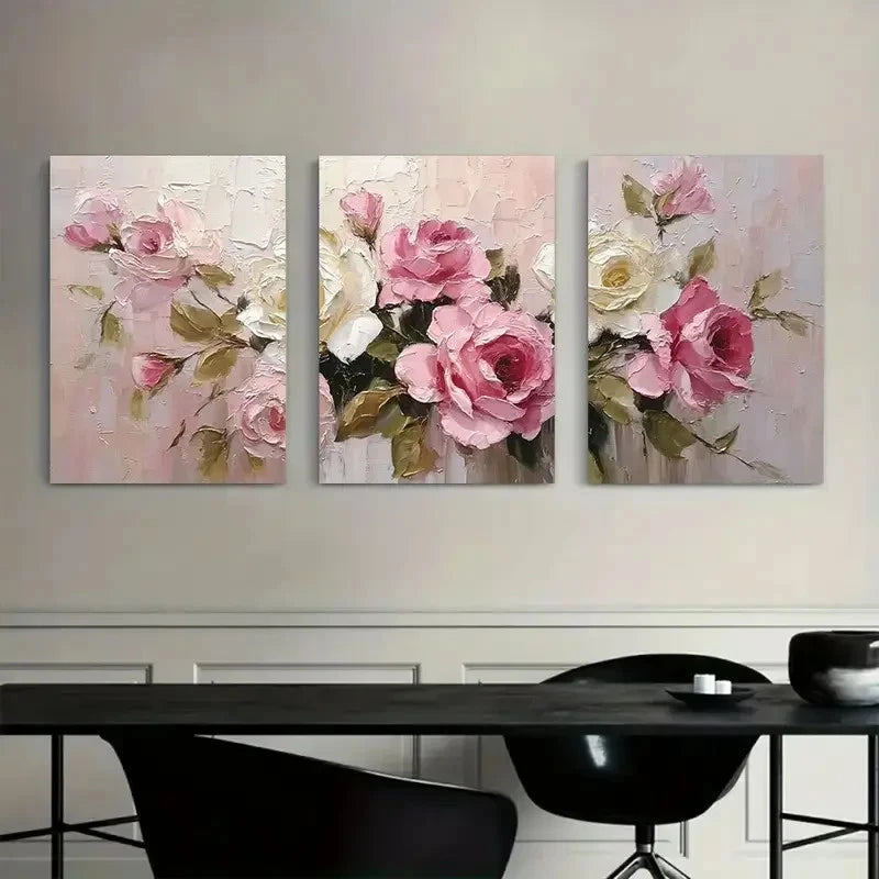 3pcs Elegant Oil Painting of Blooming Roses Metal Print Ready to Hang Art