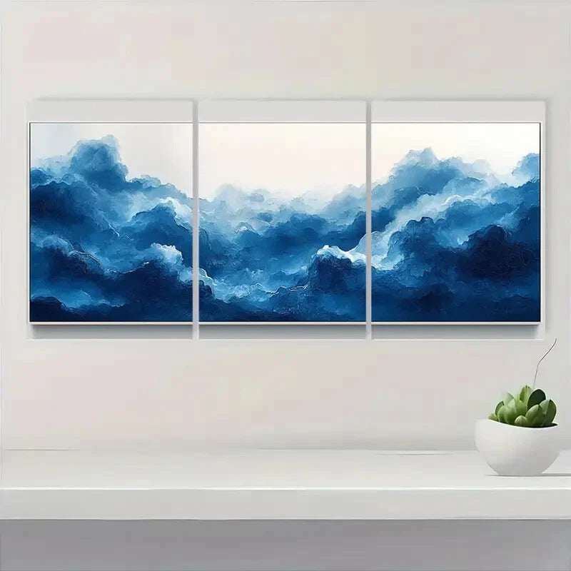 3pcs Vintage Abstract Navy Blue Cloud Sky Metal Print Ready to Hang Art
