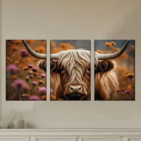 3pcs Long Haired Cow with Long Horns Standing Wall Art Set Canvas Unframed - High Quality Print 100% Australian Made Wall Canvas - Bella Home Decor