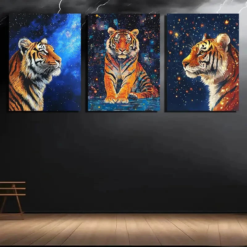 3pcs Starry Night Animal Trio Tiger Metal Print Ready to Hang Art