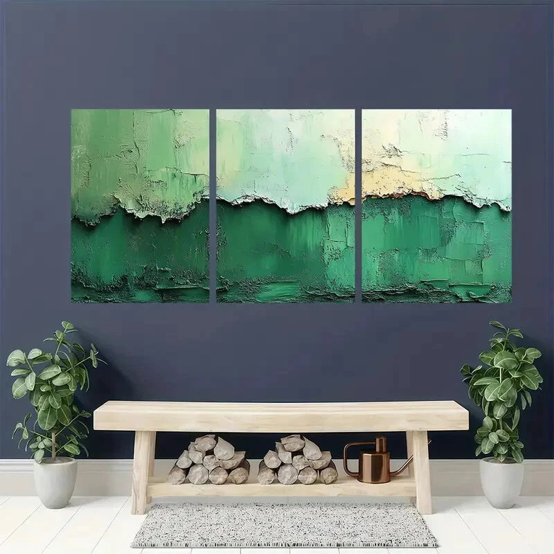 3pcs Minimalist Abstract Green & White Textured Metal Print Ready to Hang Art
