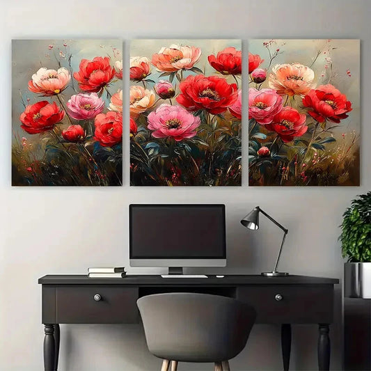 3pcs Vibrant Red and Pink Peonies Flowers Design Metal Print Ready to Hang Art