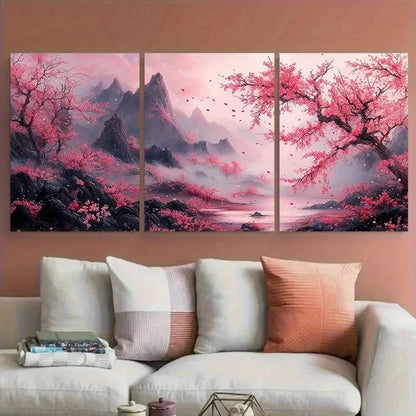 3pcs Japanese Illustration Cherry blossom Pink Metal Print Ready to Hang Art