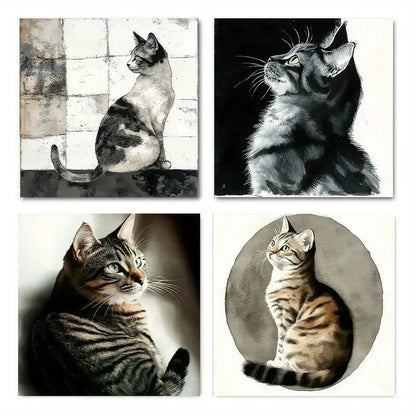 4pcs Modern Cat Art Wall Art Canvas Framed
