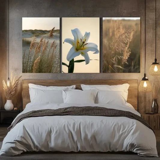 3pcs Pampas Grass, White Flower, Reed Leaves  Wall Art Set Canvas Framed 40x60cm - High Quality Print 100% Australian Made Wall Canvas Ready to Hang