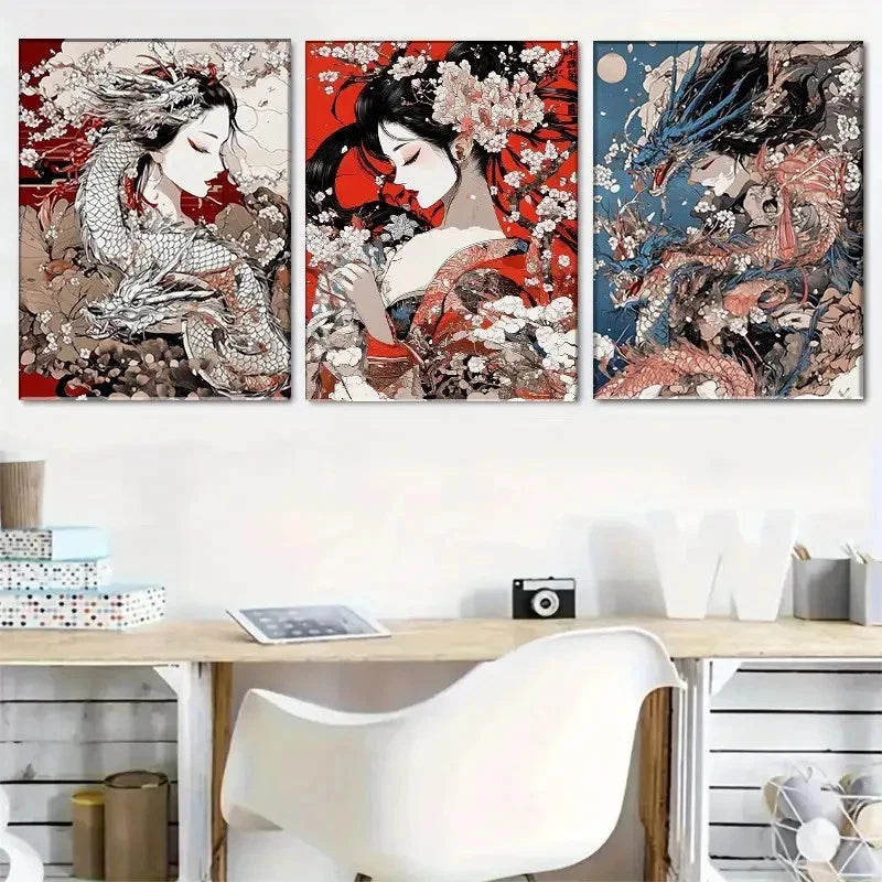 3pcs Japanese Art Floral and Dragon Theme Metal Print Ready to Hang Art