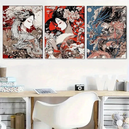 3pcs Japanese Art Floral and Dragon Theme Metal Print Ready to Hang Art