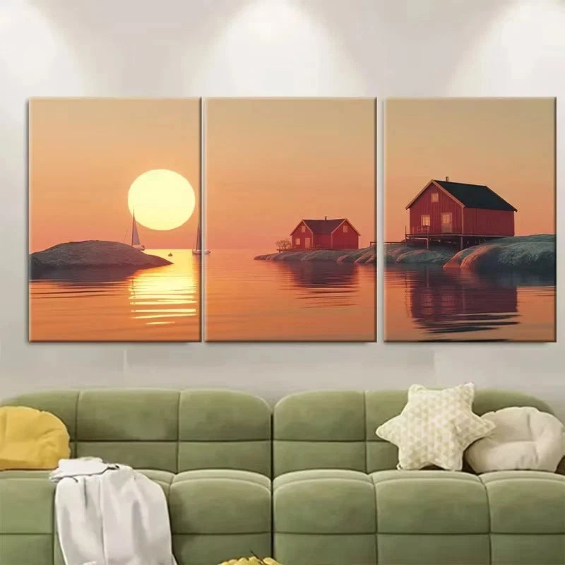 3pcs Sun Over Swedish Archipelago Wall Art Set Canvas Framed 50x70cm – High Quality Print 100% Australian Made Wall Canvas Ready to Hang