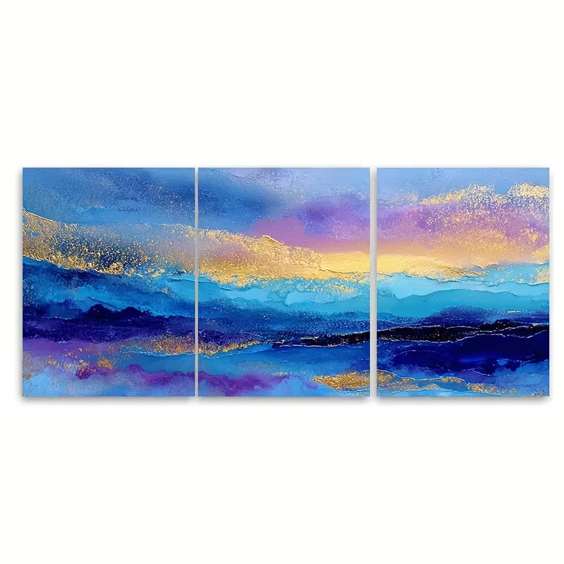 3pcs Golden Ocean abstract Painting Metal Print Ready to Hang Art