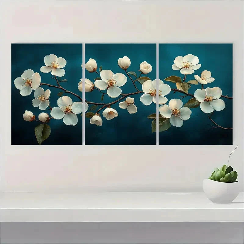 3pcs Elegant White Blossoms on Dark Background Metal Print Ready to Hang Art