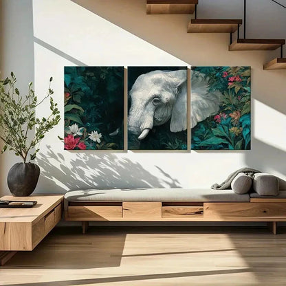 3pcs Jungle Theme with White Tusks Floral Metal Print Ready to Hang Art