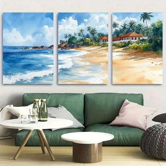 3pcs Uppuveli, Sri Lanka Watercolor Beach Vacation Metal Print Ready to Hang Art