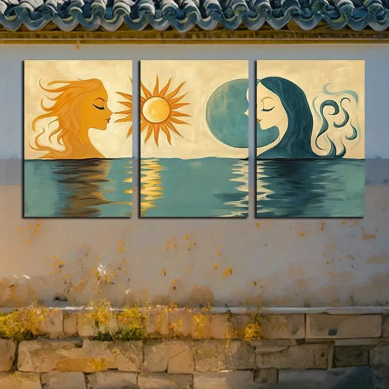 3pcs Couples on The Water Surface Illustration Metal Print Ready to Hang Art