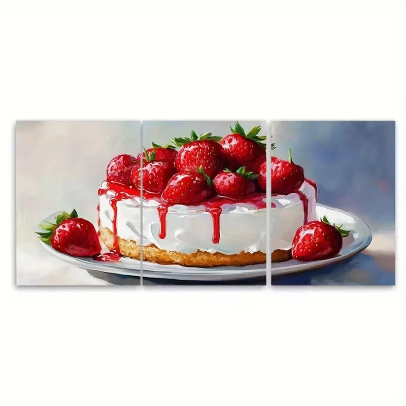 3pcs Strawberry Cake Impasto Wall Art Set Canvas Framed 50x70cm - High Quality Print 100% Australian Made Wall Canvas Ready to Hang