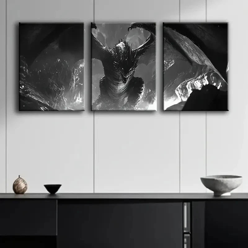 3pcs Black Dragon Wings Painting Metal Print Ready to Hang Art