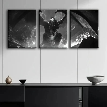 3pcs Black Dragon Wings Painting Metal Print Ready to Hang Art