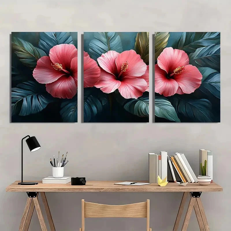 3pcs Tropical Pink Hibiscus & Monstera Leaf Art Metal Print Ready to Hang Art