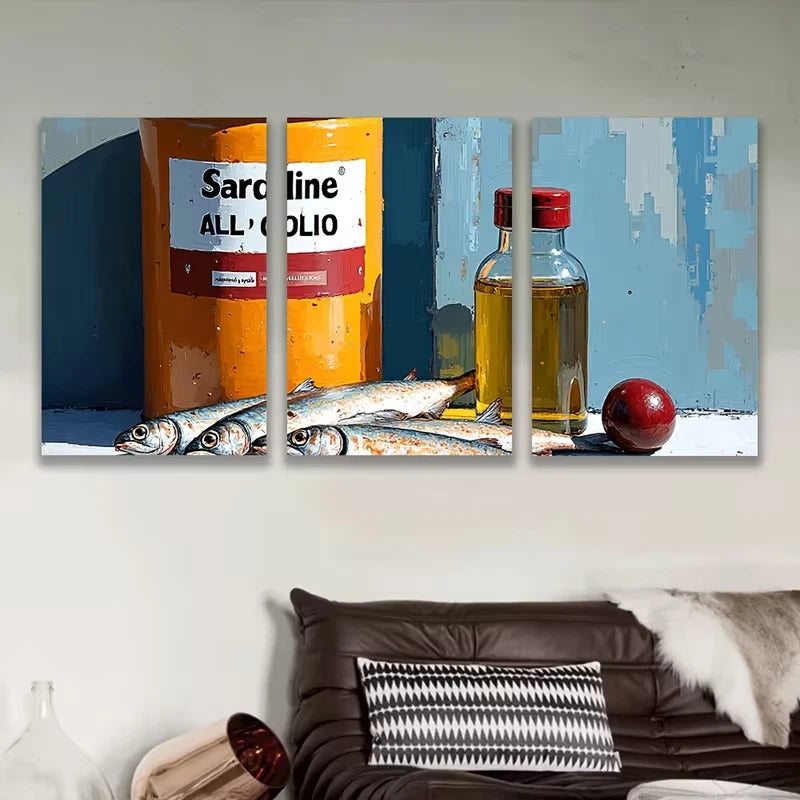 3pcs Vibrant Sardine & Olive Oil Scene Metal Print Ready to Hang Art