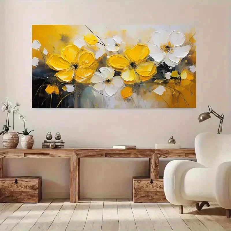 Abstract Yellow Flower wall canvas office home room framed 120x60cm - Bella Home Decor