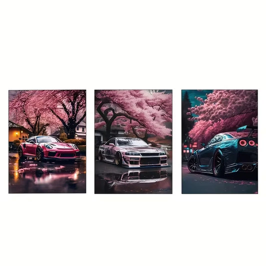 3pcs Cherry Tree Porsche 911 & Sky line GTR   Wall Art Set Canvas Framed 50x70cm - High Quality Print 100% Australian Made Wall Canvas Ready to Hang