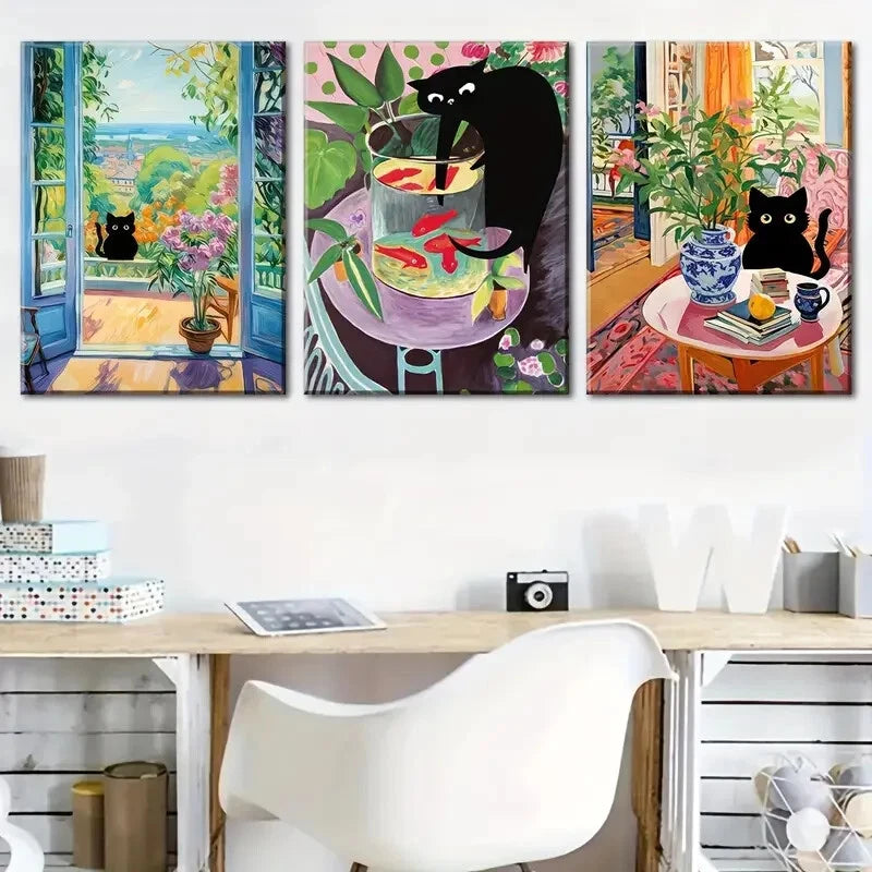 3pcs Featuring A Small Black Cat Among Flowers Metal Print Ready to Hang Art