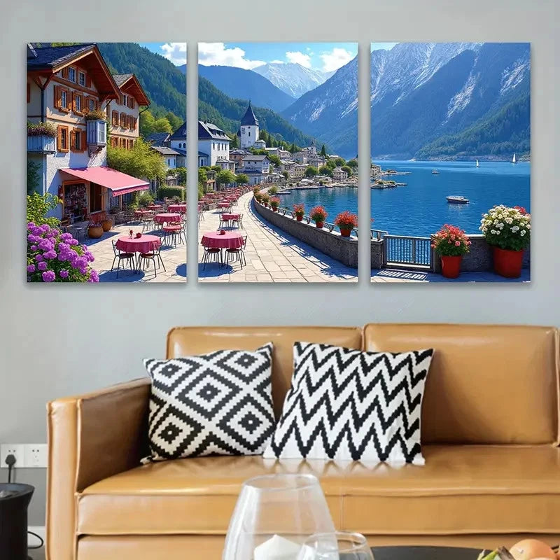 3pcs Coastal Town And Mountain Lake View Wall Art Set Canvas Framed 60x90cm - High Quality Print 100% Australian Made Wall Canvas Ready to Hang