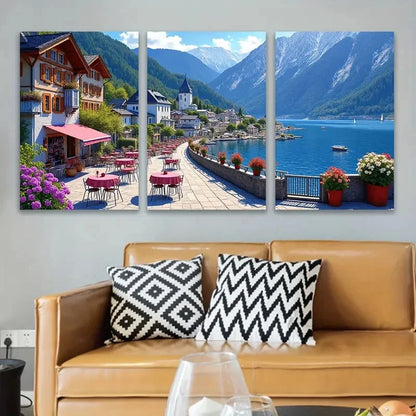 3pcs Coastal Town And Mountain Lake View Wall Art Set Canvas Framed 60x90cm - High Quality Print 100% Australian Made Wall Canvas Ready to Hang