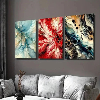 3pcs Blue Red and Black Abstract Fluid Texture Wall Art Set Canvas Unframed - High Quality Print 100% Australian Made Wall Canvas