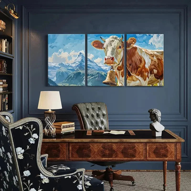 3pcs Brown & White Cow with Bell Mountain LandscapeMetal Print Ready to Hang Art