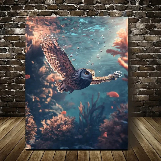 Scene of Owl Jumping Joyfully Underwater Painting 40x60cm Metal Print Ready to Hang