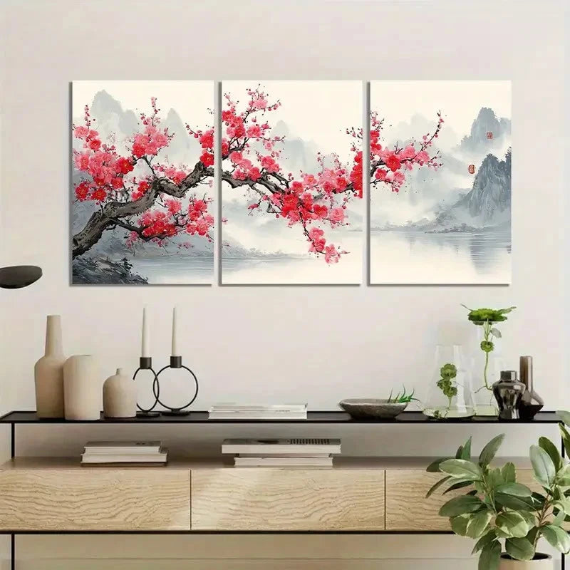 3pcs Plum Blossom Tree with Pink Flowers Metal Print Ready to Hang Art
