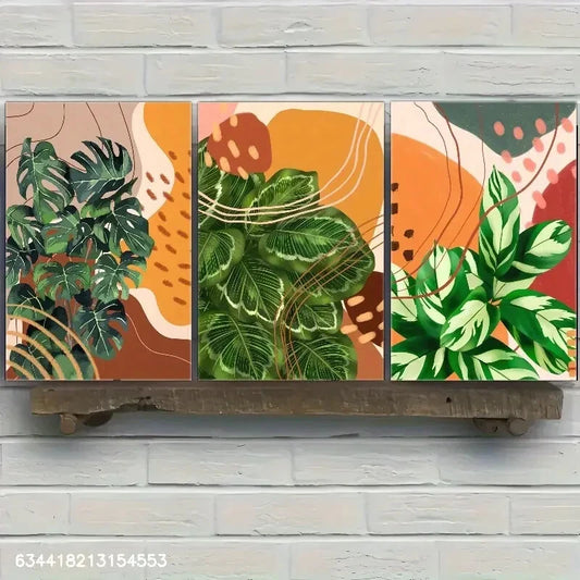 3pcs Macrophylla Leaves and Abstract Geometric Metal Print Ready to Hang Art