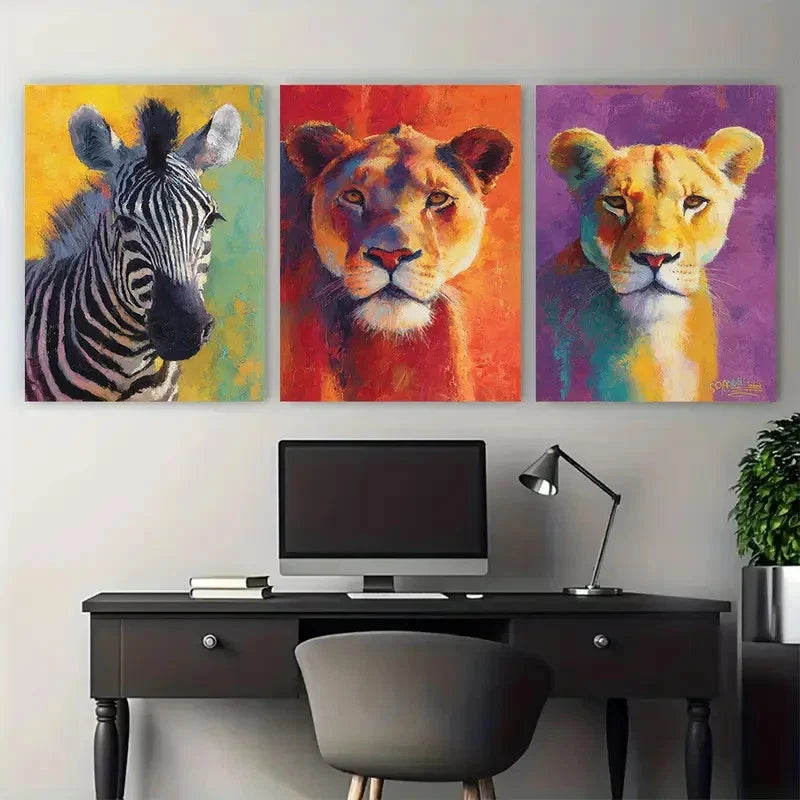 3pcs Lion and Zebra Vibrant Illustration Wall Art Set Canvas Framed 60x90cm - High Quality Print 100% Australian Made Wall Canvas Ready to Hang