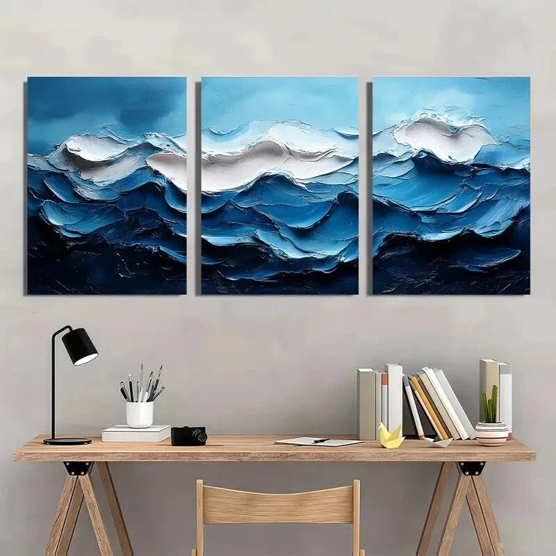 3pcs Abstract Blue Seascape Oil Paintings Metal Print Ready to Hang Art