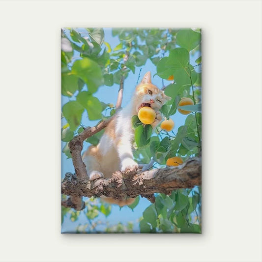 Curious Cat in Apricot Tree Metal Print Ready to Hang