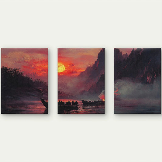 3pcs Classical Sunset River Boats Painting Wall Art Set Canvas Framed 50x70cm - High Quality Print 100% Australian Made Wall Canvas Ready to Hang