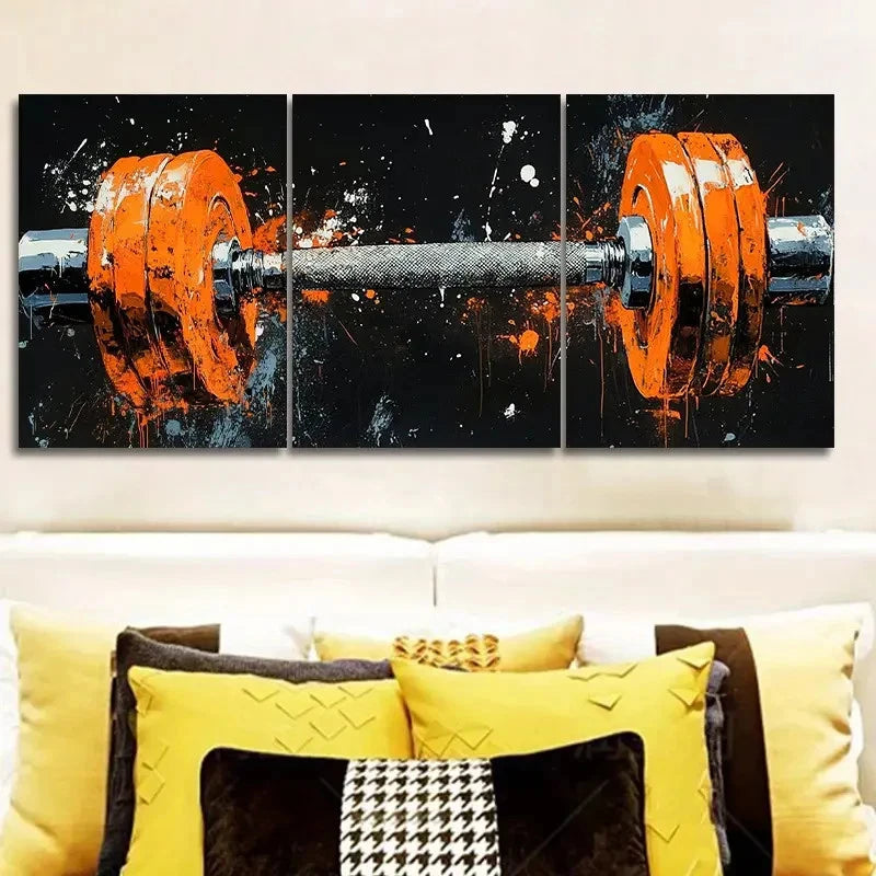 3pcs Orange Fitness Equipment Design Metal Print Ready to Hang Art