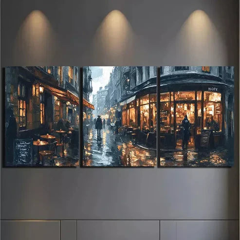 3pcs rainy street scen Canvas Framed 60x90cm - High Quality Print 100% Australian Made Wall Canvas Ready to Hang
