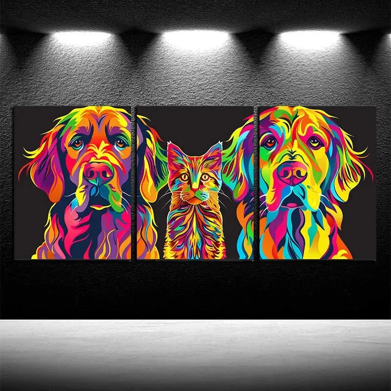 3pcs Colorful Charming Cat & Labrador Dog Metal Print Ready to Hang Art