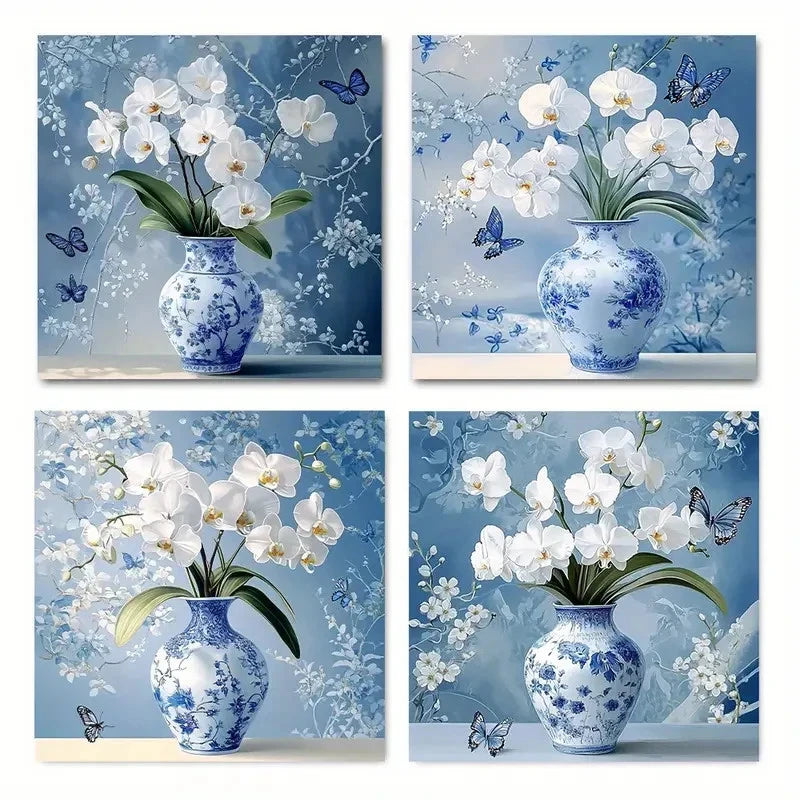 4pcsBlue and White Orchids with Butterflies Wall Art Canvas Framed
