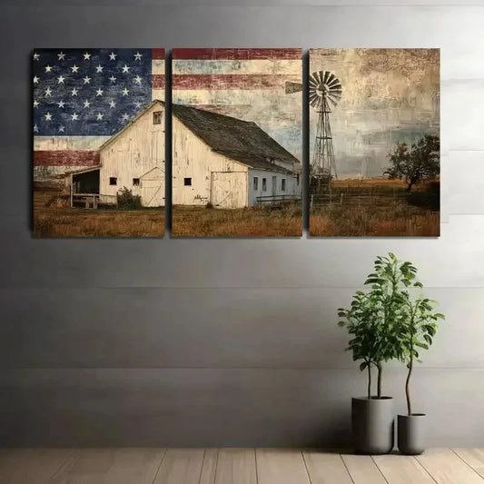3pcs White Barn with American Flag and Windmill Metal Print Ready to Hang Art
