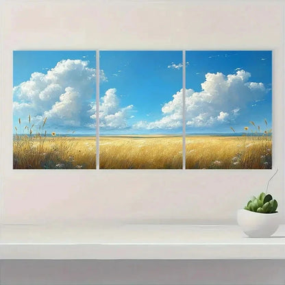 3pcs White Cloudy Blue Sky & Golden Wheat Metal Print Ready to Hang Art