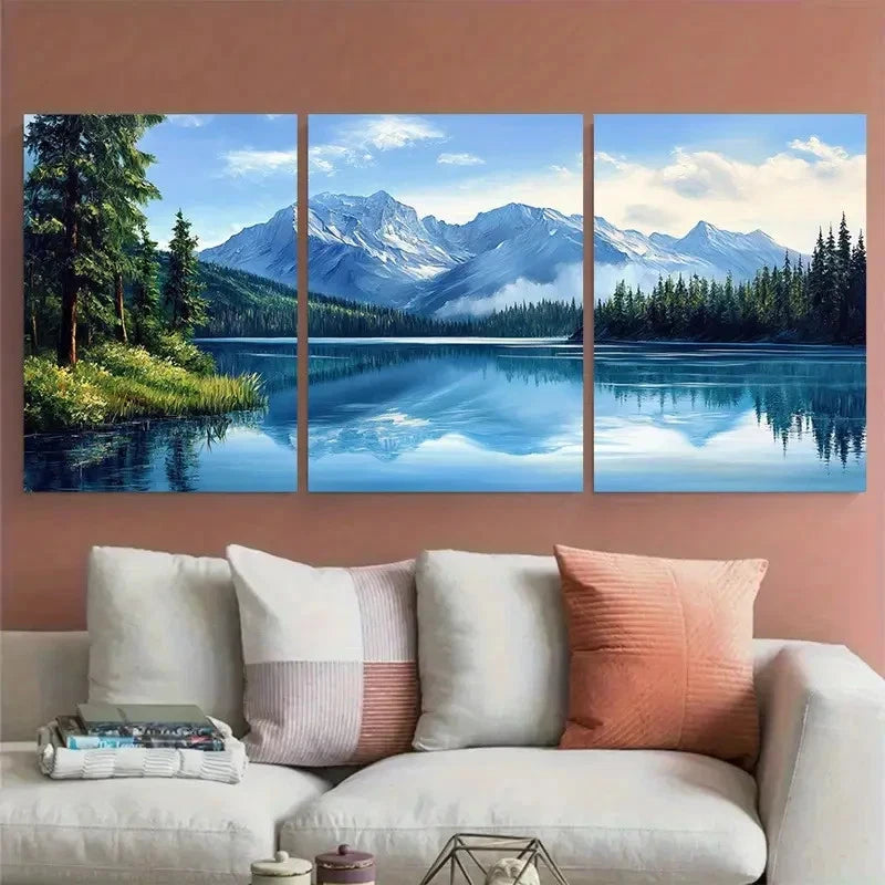 3pcs Crystal Lake Blue Mountain Nature Landscape Wall Art Set Canvas Framed 60x90cm - High Quality Print 100% Australian Made Wall Canvas Ready to Hang