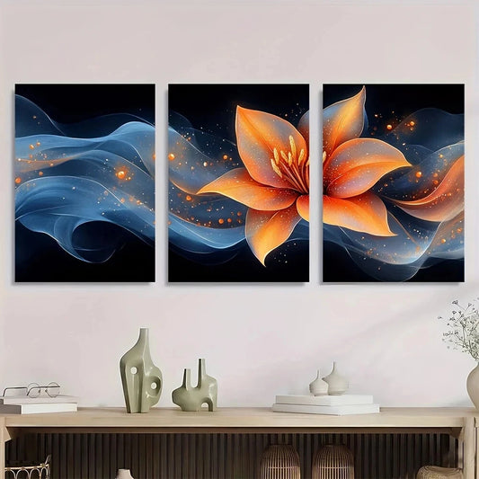 3pcs Vibrant Abstract Lily Petals Blue Orange Metal Print Ready to Hang Art